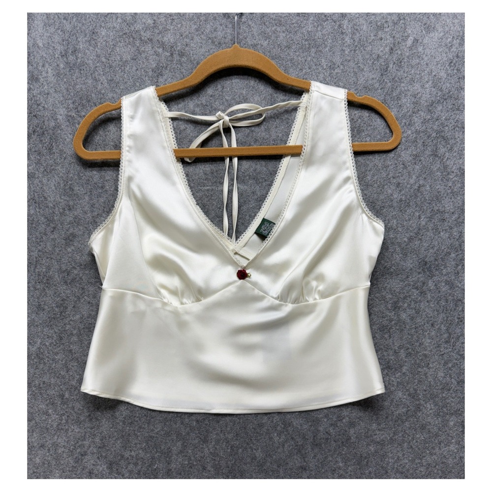Wild Fable Cream Satin Rose Applique Crop Top V-Neck Lace Trim NWT Small